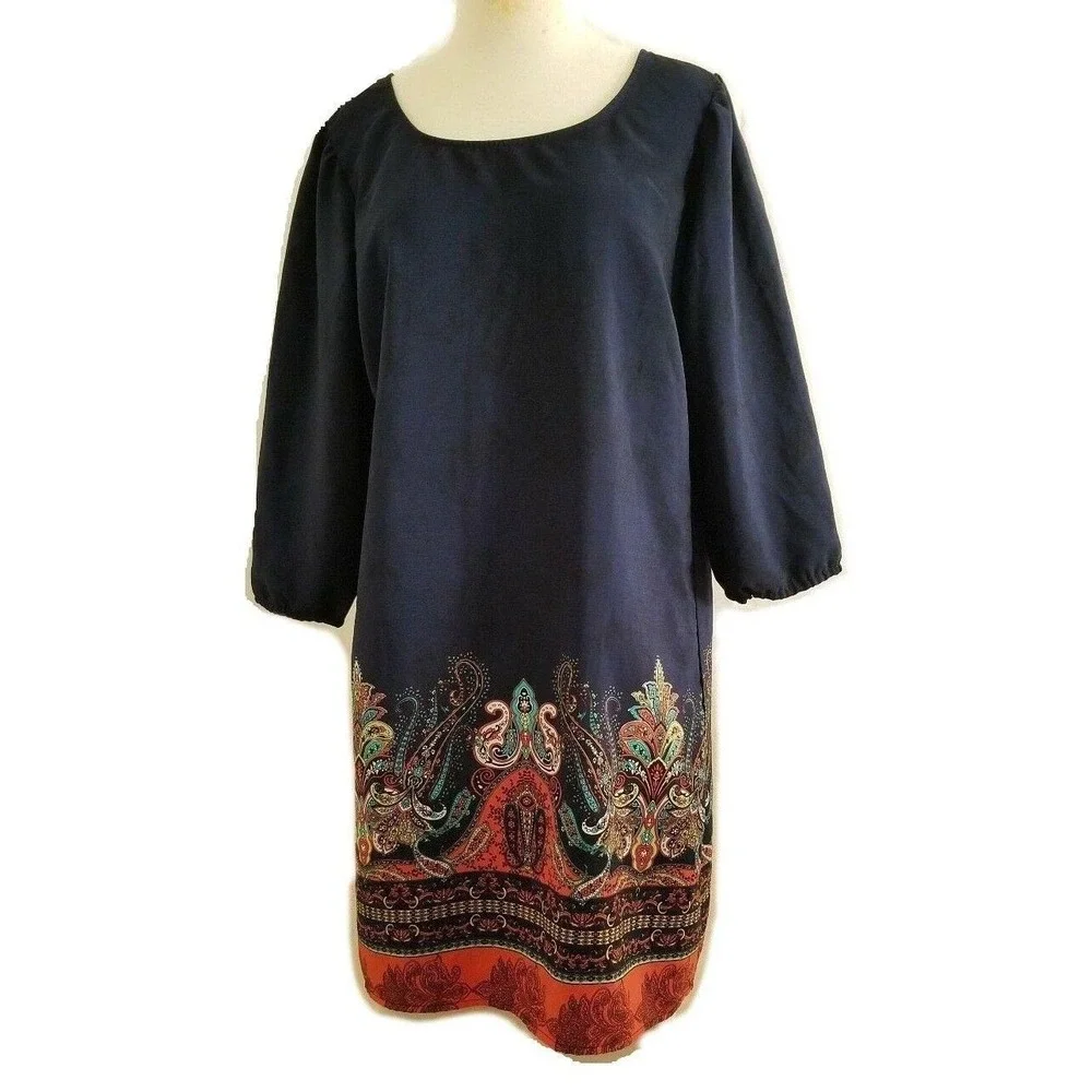 Bebop Women's Navy Blue/Multicolor 3/4 Sleeve Paisley Print Shift Dress Sz Large